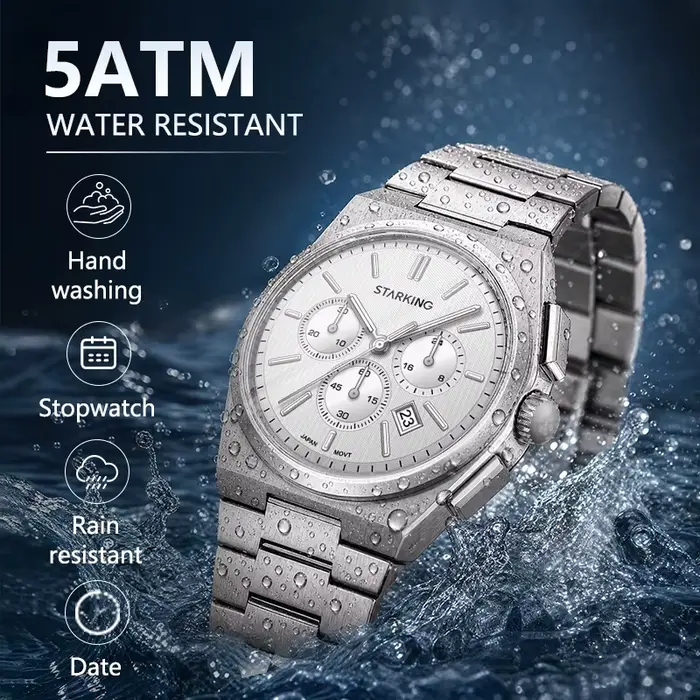 Montre STARKING en acier inoxydable résistante à l'eau avec chronomètre et calendrier complet pour homme occasions sportives et affaires