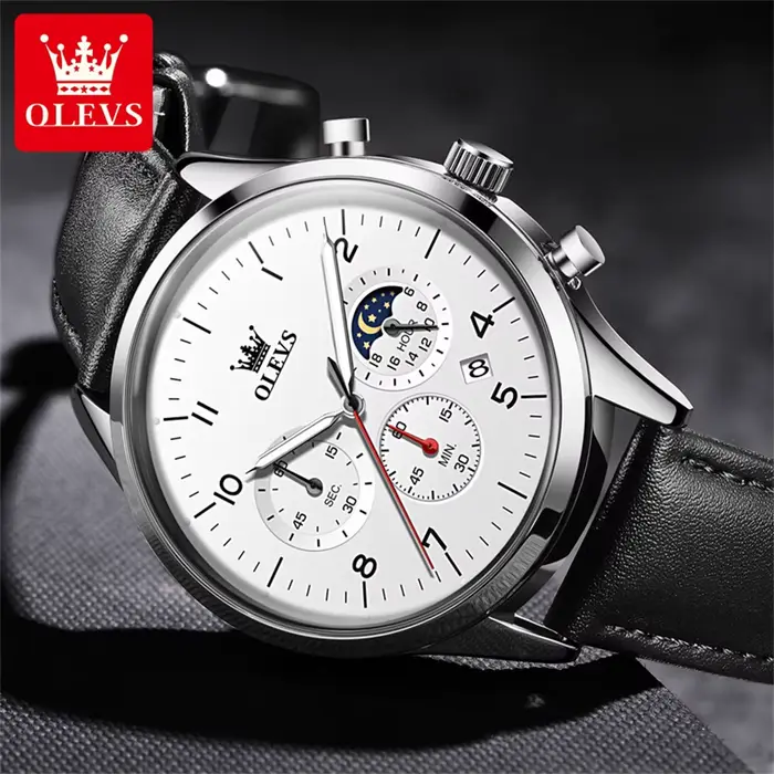 Montre OLEVS Phase de Lune Quartz Hommes Cuir Étanche Calendrier Lumineux Occasions Spéciales
