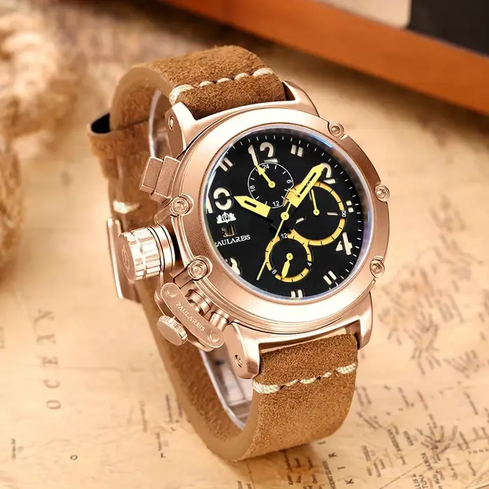 Montres automatiques pour hommes mécanique auto-vent en cuir véritable multifonction Date bateau mois or Bronze U Reloj Hombre Baratos