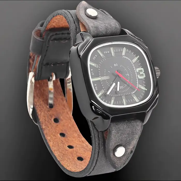 Montre à quartz vintage pour hommes, avec bracelet en cuir véritable et cadran carré, montre-bracele