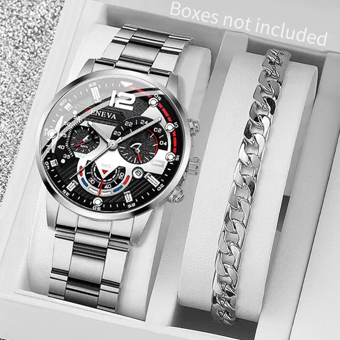 2 pièces hommes montres d'affaires mode bande en acier mâle analogique Quartz montre Bracelet ensemble Relogio Masculino Reloj Hombre (sans boîte)