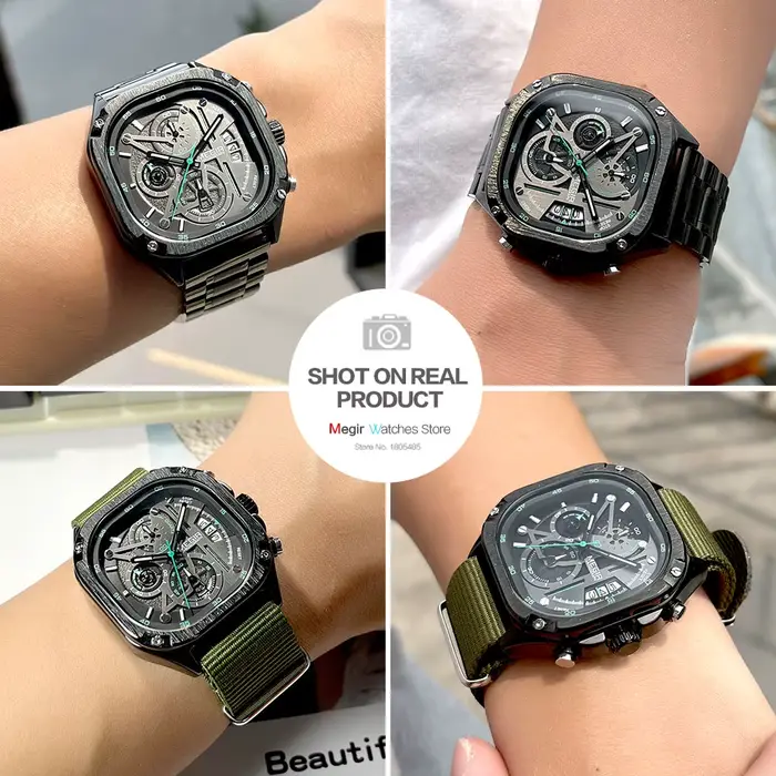 Montre MEGIR à Quartz noire homme étanche cadran carré montre-bracelet avec chronographe bracelet en acier inoxydable aiguilles lumineuses Date automatique occasions spéciales