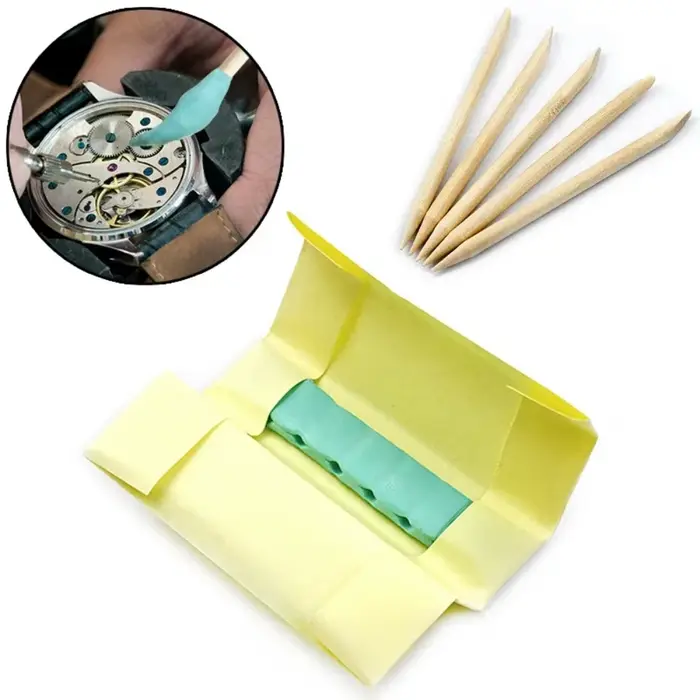 Argile de nettoyage de mouvement de pièces de montre verte, avec bâton en bois, dépoussiérage, netto