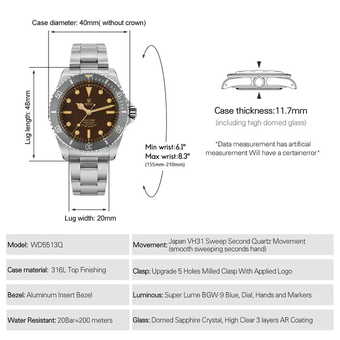 Watchdives WD5513Q Montres de plongée pour hommes VH31 Montres-bracelets à quartz AR Sapphire 20Bar Montre vintage étanche en acier inoxydable