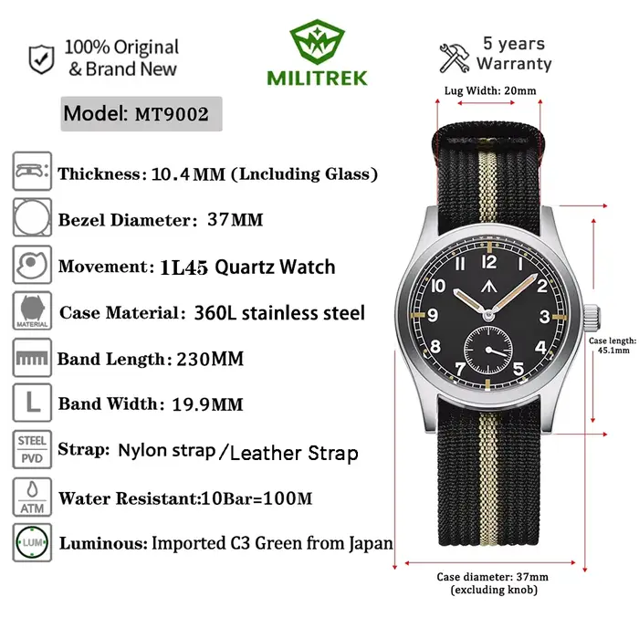 MILITREK 2025 montre à Quartz pour hommes mis5 1L45 37mm verre saphir militaire lumineux étanche en acier inoxydable Reloj Hombre
