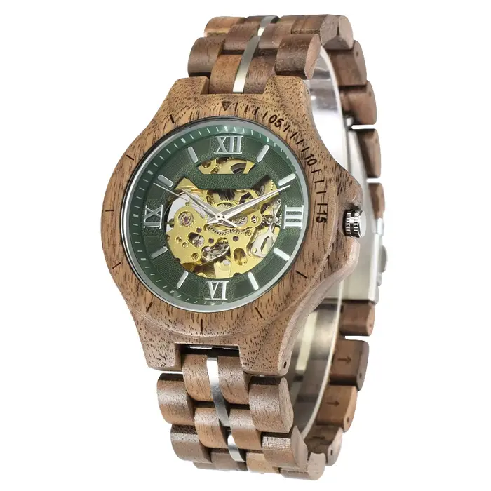 Montre Mécanique à Remontage Automatique Homme Combinaison Bois Acier Artisanale Rétro Cadran Ajouré Lumineux Chiffres Romains