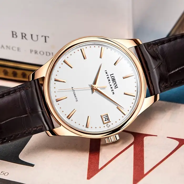Montre-bracelet LOBINNI de luxe en acier inoxydable avec bracelet en cuir pour femmes, résistante à l'eau, mouvement automatique, pour occasions spéciales