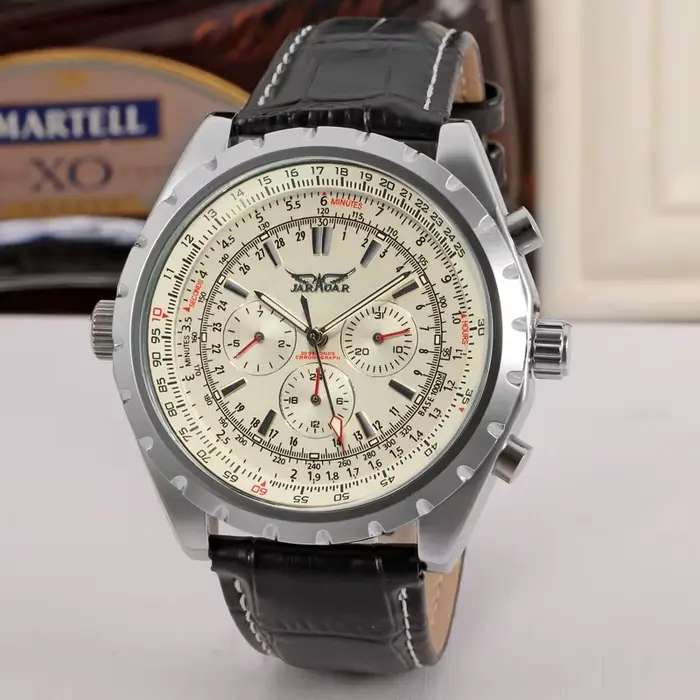 Montre Jaragar en acier inoxydable avec bracelet en cuir pour homme, résistante à l'eau, mouvement automatique, élégante pour occasions spéciales