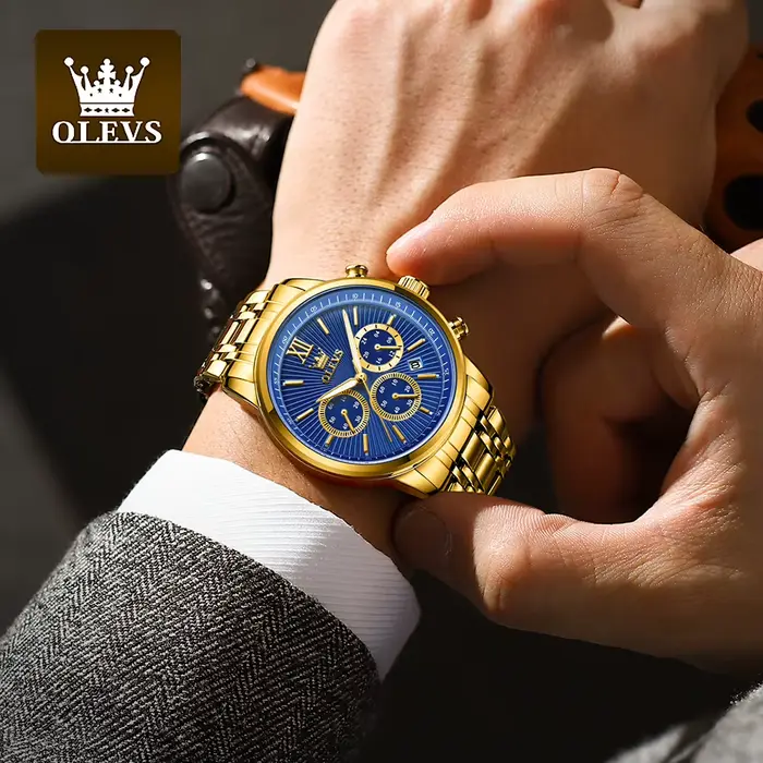 OLEVS or bleu montres pour hommes Date chronographe petit cadran conception exclusive luxe affaires étanche montre-bracelet en acier inoxydable