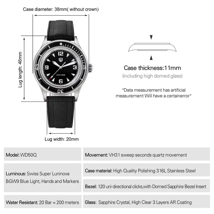 Montre de Plongée Vintage à Quartz avec Cristal de Saphir pour Hommes Occasions Spéciales Robuste et Lumineuse
