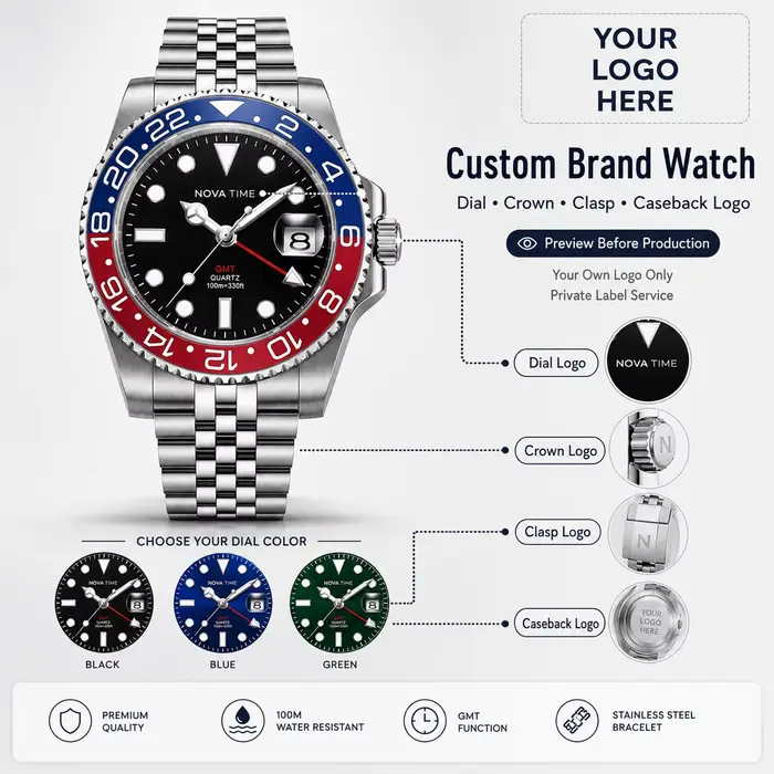 Montre GMT avec logo de marque personnalisé pour hommes