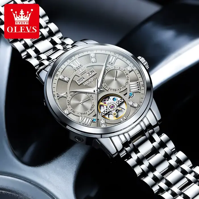 Montre OLEVS 6701 Acier Inoxydable Squelette Volant Automatique Étanche Pour Hommes Occasions Sportives Élégantes