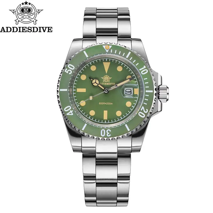 Montre plongeur homme ADDIESDIVE céramique verte résistante à l'eau 200m quartz avec lunette unidirectionnelle et bracelet acier inoxydable