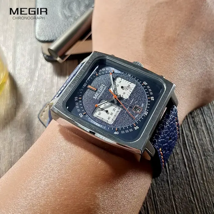 MEGIR 2182 cadran carré montre à Quartz pour hommes mode et élégant Date d'affaires chronographe bleu noir bracelet en