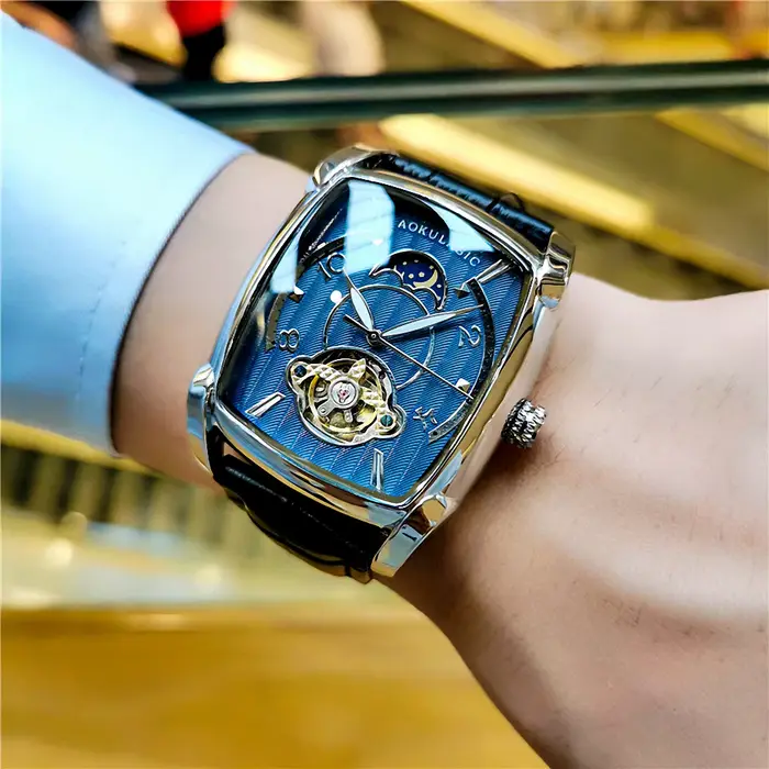 AOKULASIC Tourbillon squelette montre mécanique pour hommes mains lumineuses bracelet en cuir mode affaires