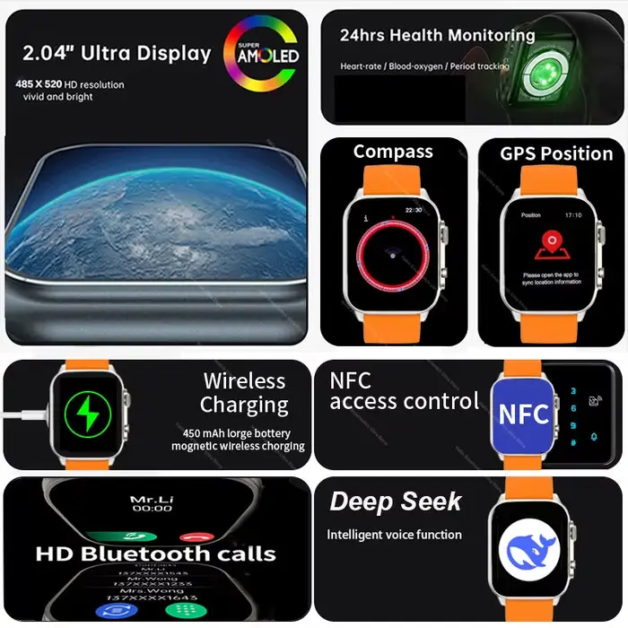 Smartwatch 2026 Original Hello Watch 5 Plus ULTRA 3 49mm AMOLED 4G ROM NFC DeepSeek GPS boussole Bluetooth appel horloge hommes femmes