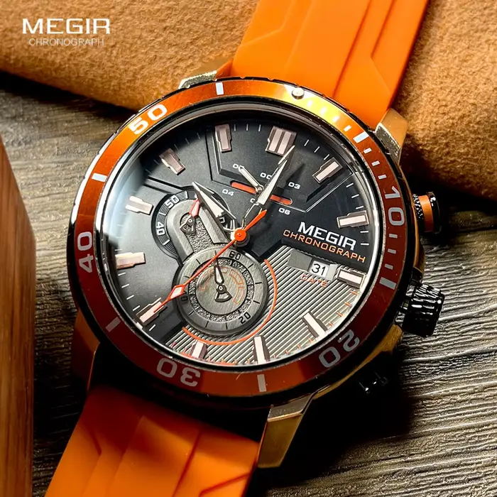 MEGIR montre de Sport Orange pour hommes mode bracelet en Silicone étanche chronographe montre-bracelet à Quartz avec Date automatique aiguilles lumineuses
