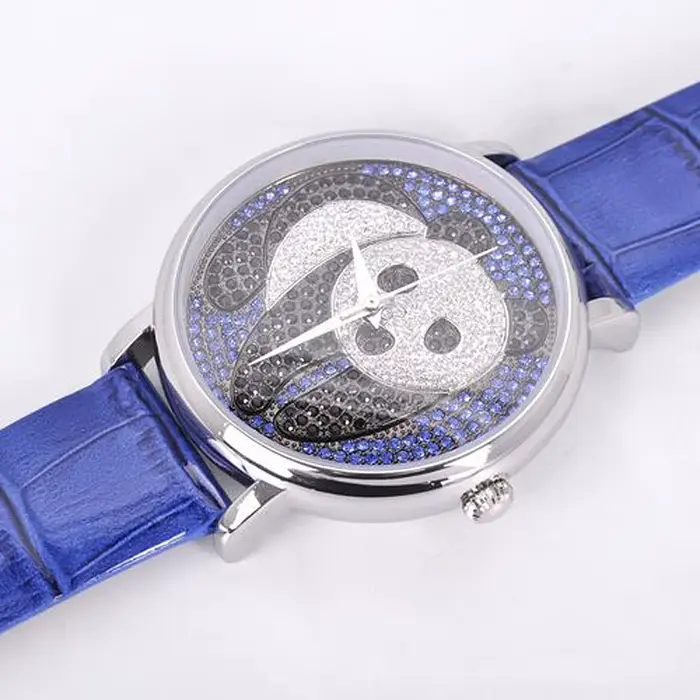 Vente Davena Panda montre pour femme grand strass cristal heure de mode Bracelet en cuir véritable horloge fille anniversaire boîte-cadeau