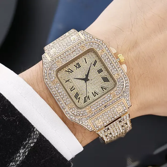 Montre carrée à ciel étoilé en acier avec diamants, mouvement quartz, affichage chiffre romain pour hommes occasions spéciales