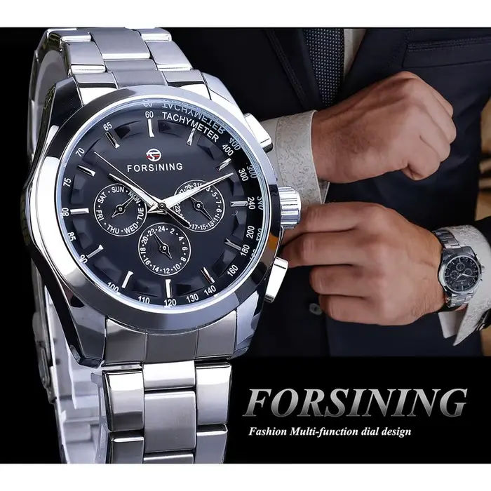 Montre Forsining Business Style automatique homme cadran noir avec calendrier complet pour hommes élégants occassions professionnelles et décontractées