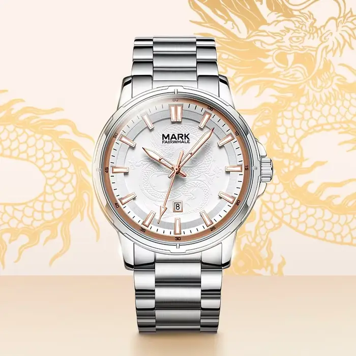 Montre homme MARK FAIRWHALE cadran gravé dragon lumineux montre-bracelet quartz étanche occasionnels spéciaux