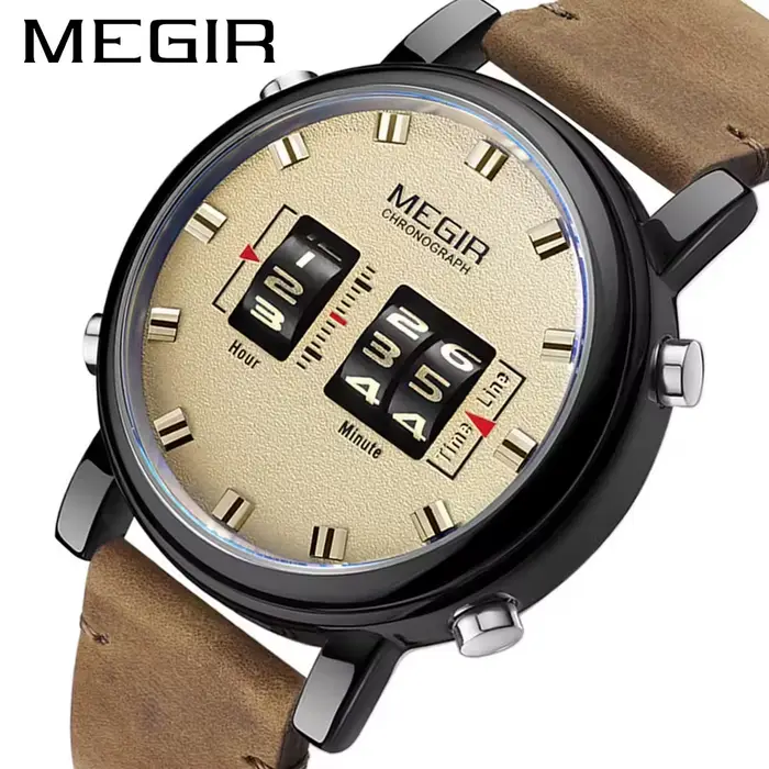 MEGIR 2137 Relojes Para Hombres montres hommes Sport militaire en cuir marron Quartz montre-bracelet de luxe tambour rouleau Relogio Masculino
