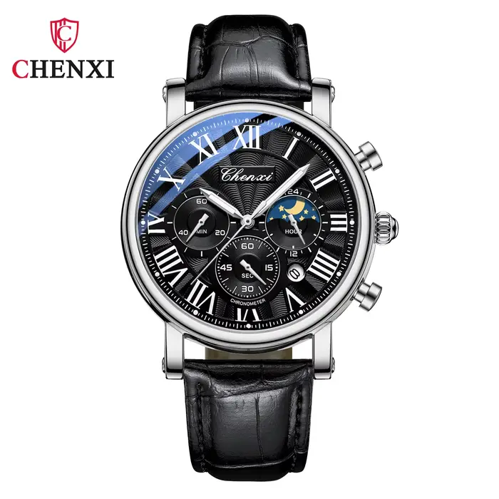 CHENXI 973 homme montre-bracelet à Quartz étanche chronographe lumineux multi-fonction Phase de lune