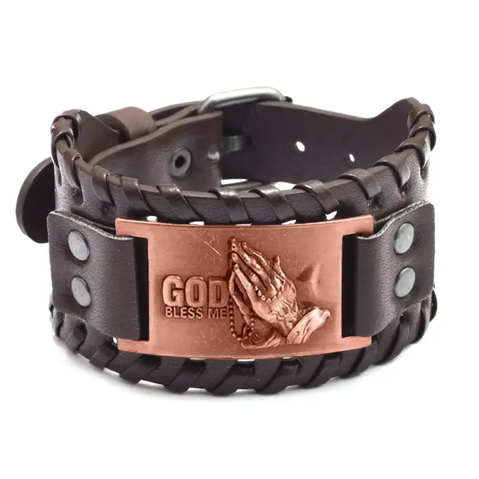 Bracelet à breloques en cuir large pour hommes et femmes, main de prière, bracelet de Dieu, accessoi