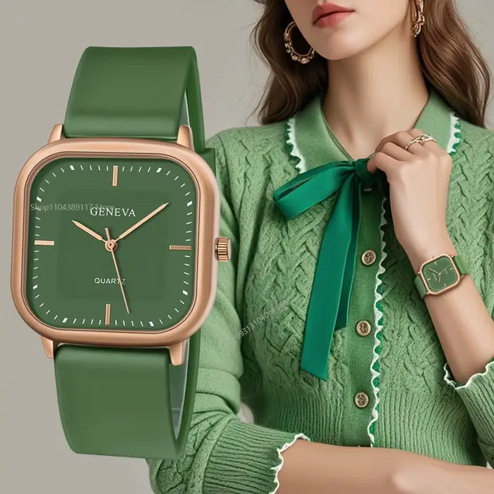 Montre Carrée Minimaliste Unisexe pour Hommes et Femmes 2026 Nouvelle Collection Bracelet en Silicone Vert Avocat Tendance Décontractée Polyvalente Montre-Bracelet à Quartz