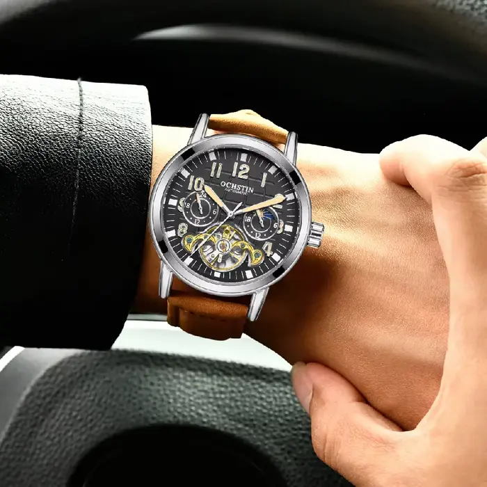 Montre Homme OCHSTIN Tourbillon GMT Automatique Mécanique Squelette Double Fuseau Horaire 24H AM/PM Indicateur Lumineux Bracelet Cuir Luxe Habillé