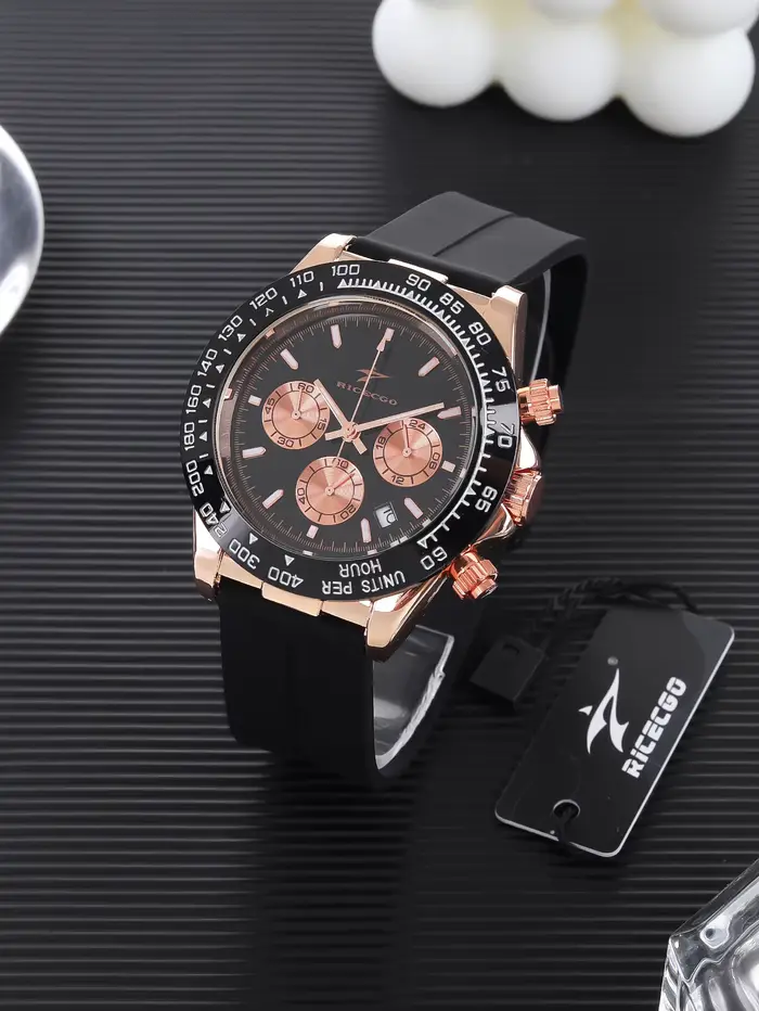 Ricecgo Montre pour homme haut de gamme à trois yeux et six broches, montre à quartz, calendrier chr