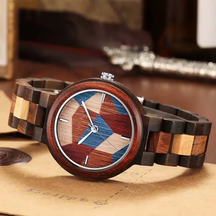 Montre créative personnalisée cadran multicolore bracelet bois pour hommes femmes occasions spéciales moderne unique
