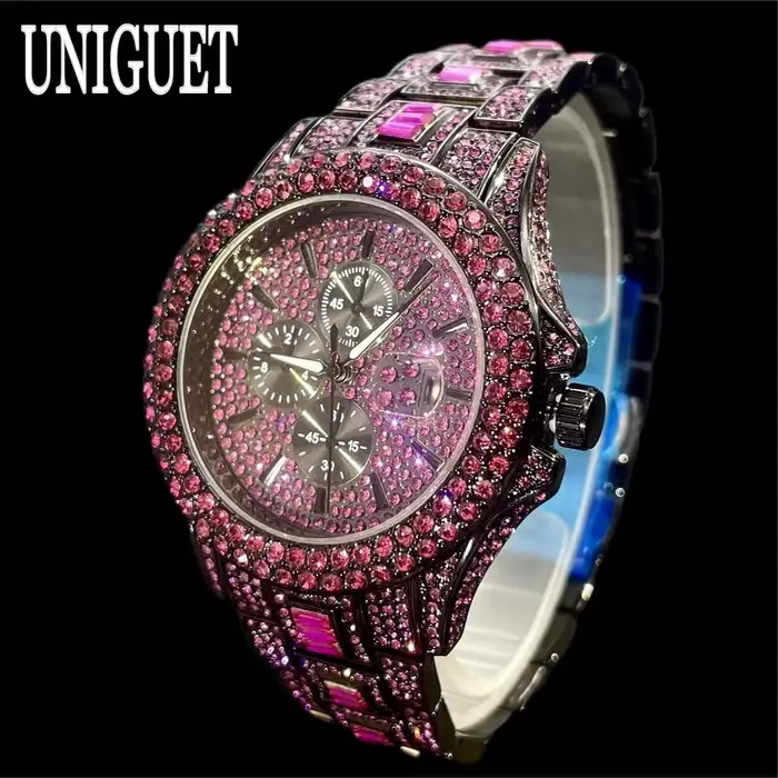 Vente chaude montre de glace rouge pour hommes marque de mode UNIGUET Hip Hop plein diamant luxe en acier inoxydable bijoux Quartz montre-bracelet homme