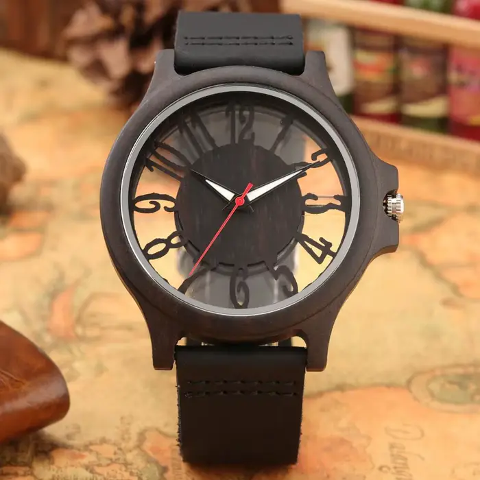 Montre à Quartz en Bois Transparent avec Bracelet en Cuir pour Homme Occasions Spéciales Style Retro Élégant à Offrir