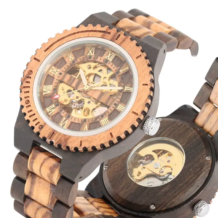 Montres de luxe pour hommes, montre ronde automatique, mode horloge en bois, Bracelet en bois réglab