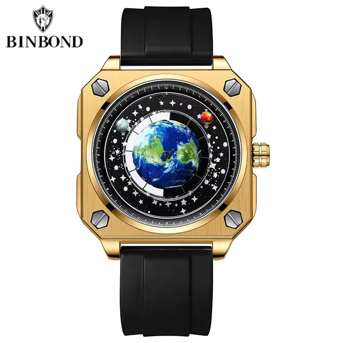 BINBOND-Montre Terre pour Homme, Cadran Terre Rotatif, Communautés ète Bleue Créative, Pointeur Non
