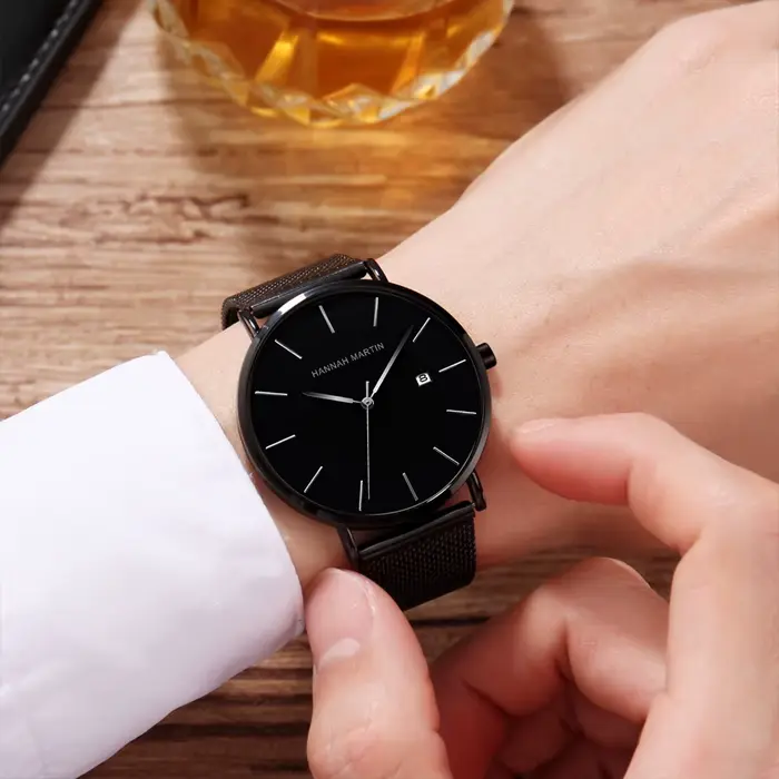 Japon Quartz calendrier mouvement Ultra mince classique doré noir bracelet en acier inoxydable étanche hommes Top marque montres de luxe