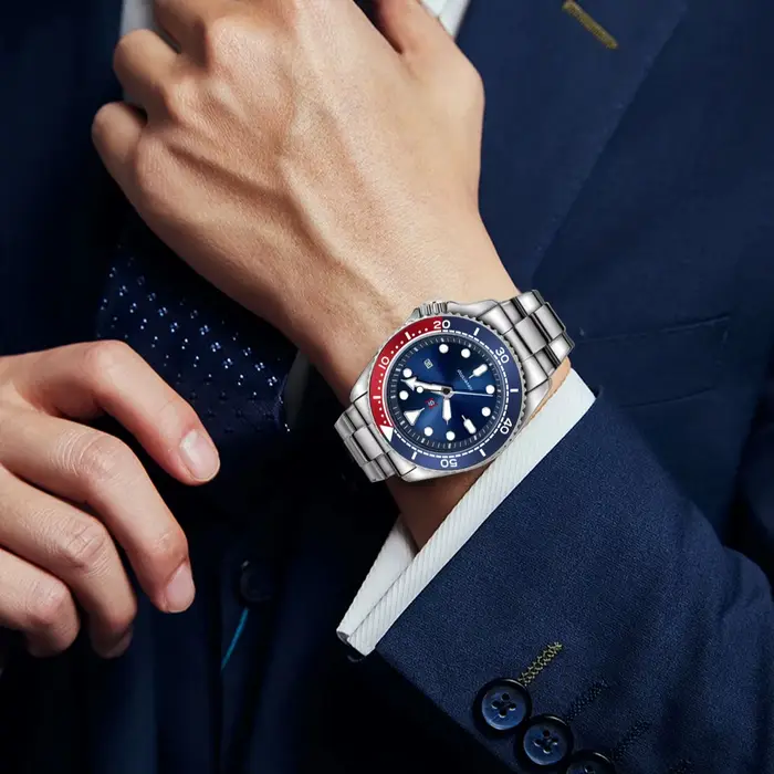 Montre de sport pour hommes NS | Cadran et marqueurs multicolores à haut contraste, lunette en céramique, bande en acier inoxydable, Style polyvalent