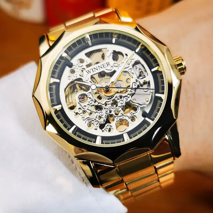 Montre automatique squelette doré pour hommes