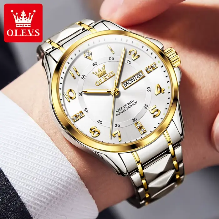 OLEVS 2910 luxe hommes femmes Couple montre double calendrier affichage étanche en acier inoxydable horloge or diamant
