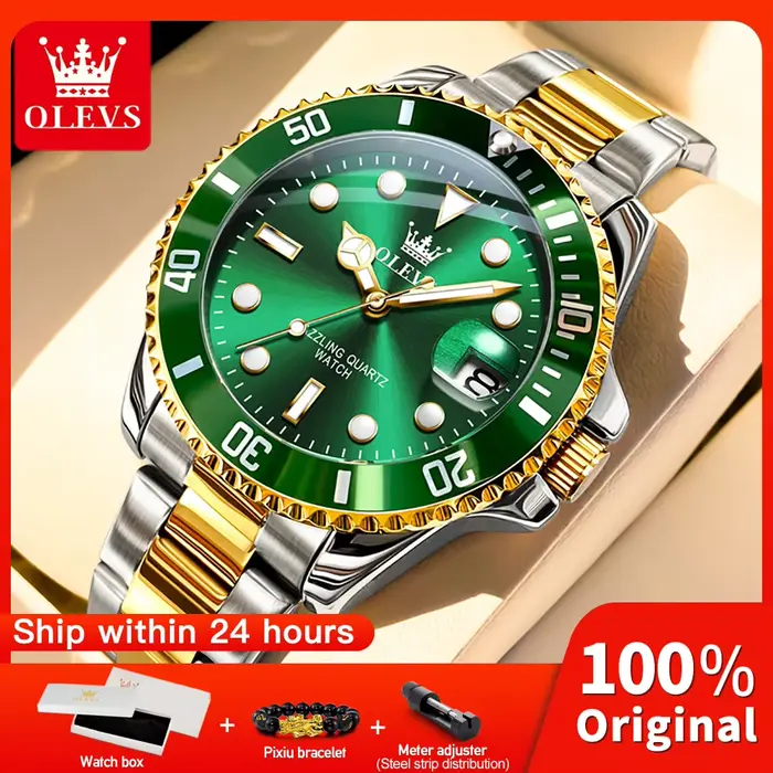 Montre OLEVS en acier inoxydable avec mouvement quartz pour hommes résistante à l'eau et lumineuse occasions spéciales et quotidiennes