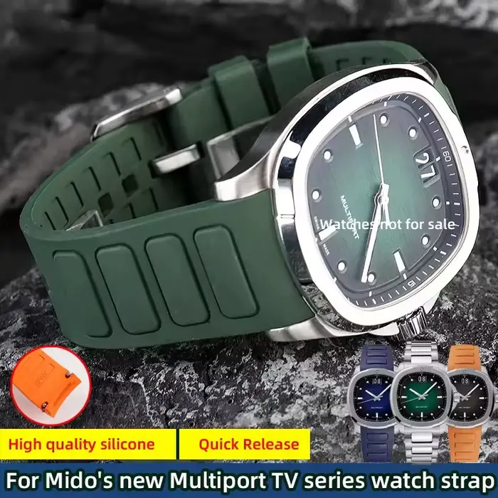 Bracelet de montre incurvé Original en caoutchouc pour hommes, pour Mido New Multifort TV M049.526, bracelet de montre de Sport à dégagement rapide, ceinture en Silicone vert bleu
