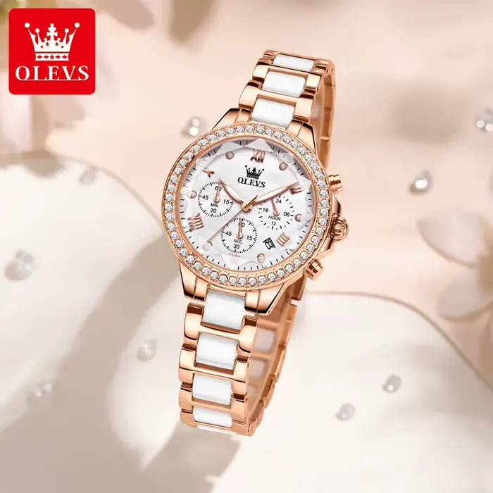 Montre OLEVS Quartz Élégante avec Fonction Chronographe et Calendrier Complet Bracelet Acier Inoxydable pour Femmes Occasions Spéciales