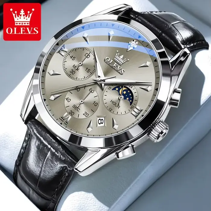 OLEVS 3609 Original Phase de lune chronographe montre pour hommes en cuir étanche lumineux luxe Quartz