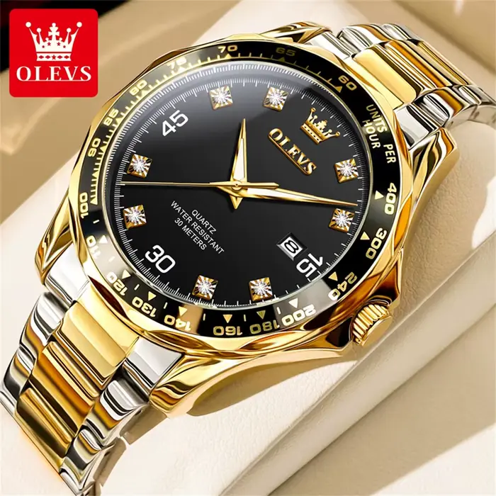 OLEVS montre à Quartz vert doré pour hommes marque de luxe plongée étanche bracelet en caoutchouc en acier inoxydable