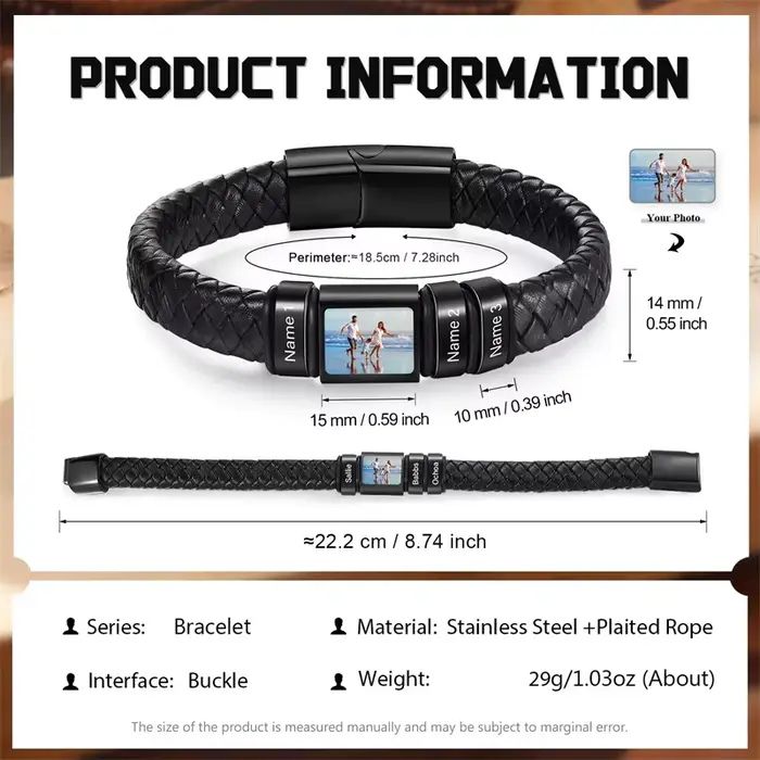 Bracelet photo personnalisé en acier inoxydable avec chaîne corde aimant fermoir pour hommes style moderne occasions spéciales