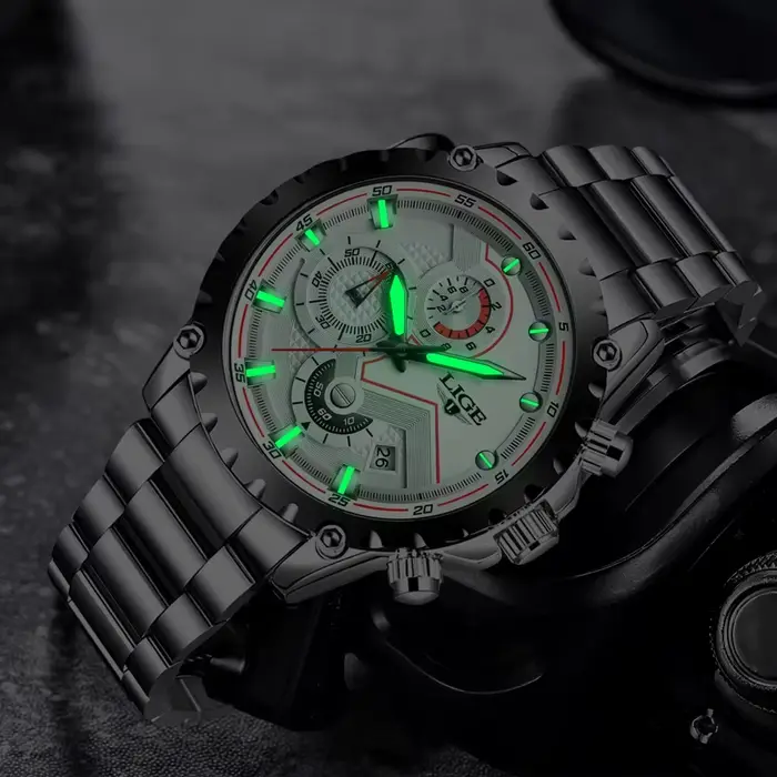 Montre Hommes LIGE Argent Acier Inoxydable Chronographe Résistante à l'Eau Occasions Spéciales
