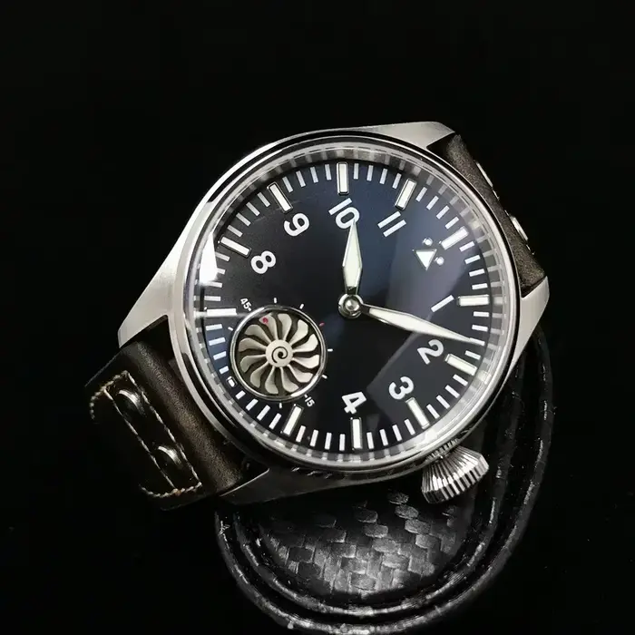 Montre Hruodland ST3620 Mécanique Hommes Mouette Pilote Rétro Saphir Bracelet Cuir Occasions Spéciales