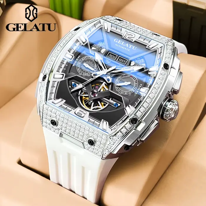 GELATU 6016 montre mécanique automatique haut de gamme plein diamant pour hommes multifonction brace