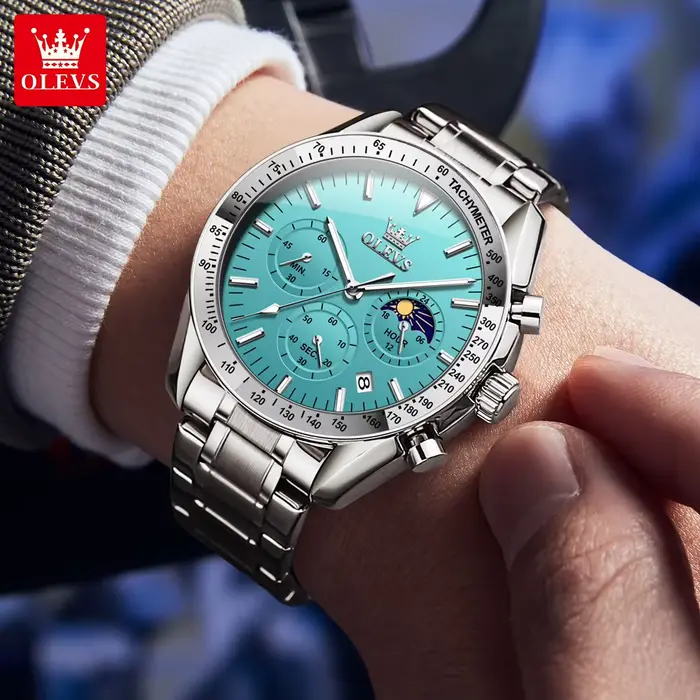 Montre Homme OLEVS 3618 Luxe en Acier Inoxydable Étanche Lumineuse avec Phase de Lune 24 Heures et Chronographe à Quartz – Nouvelle Collection